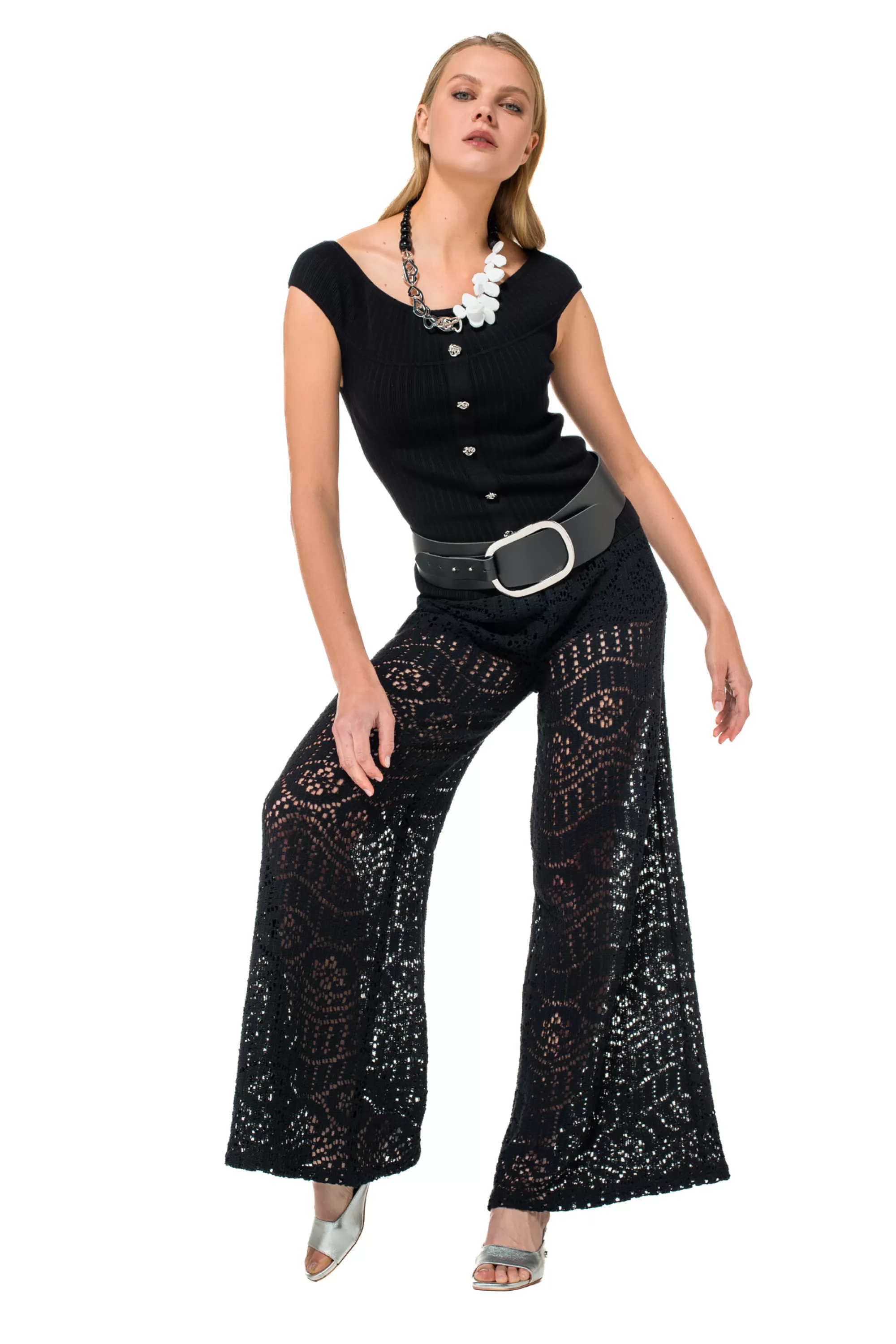 Caroline Biss Broeken*1546-10 / Soepelvallende Broek In Crochet, Wijd Been, Normal Waist